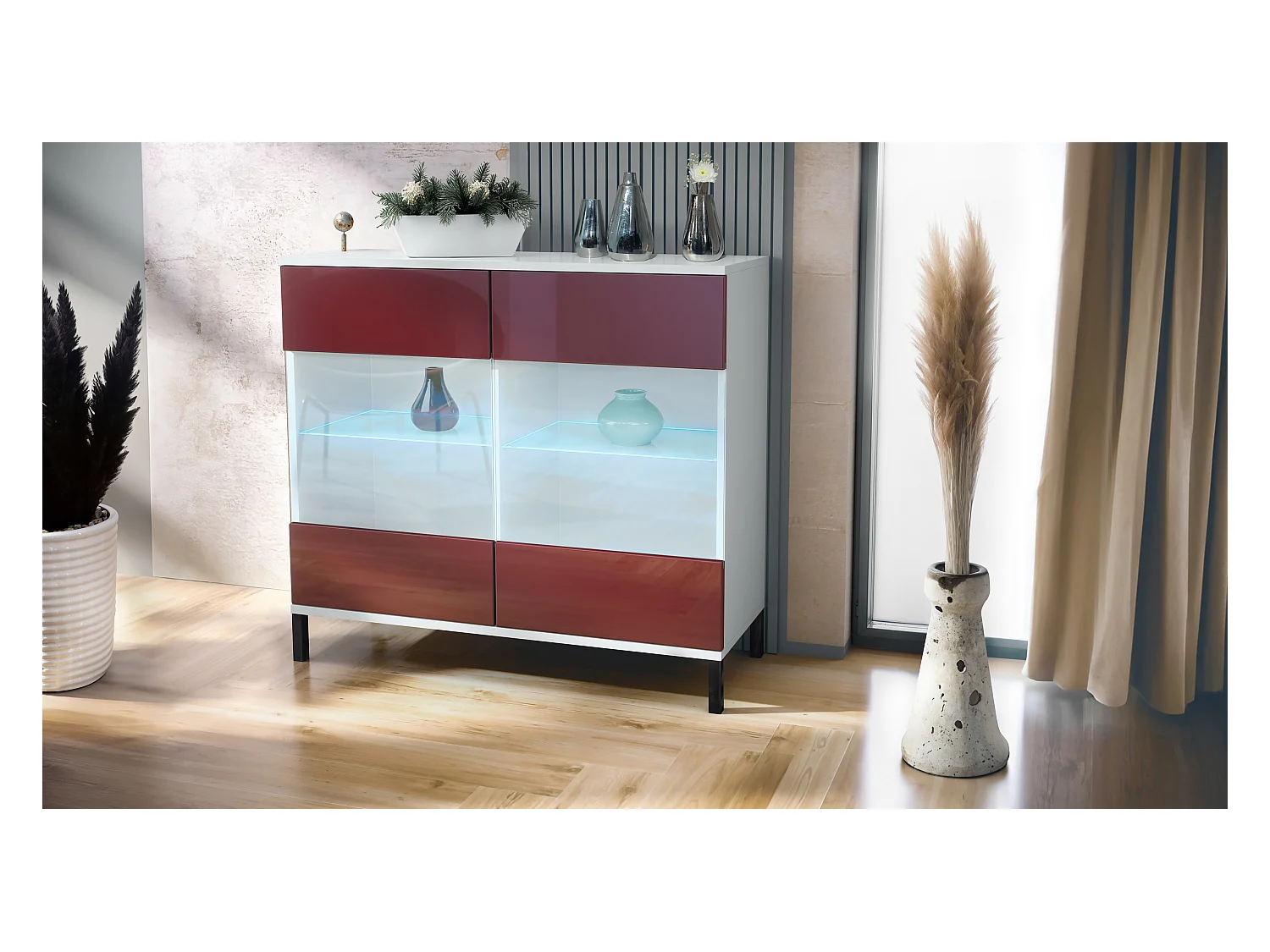 Commode Bari V3, Armoire de cuisine moderne avec 2 grandes portes vitrées incl. éclairage RGB blanc mat / bordeaux haute brillance (92,5 x 83.5 x 35)
