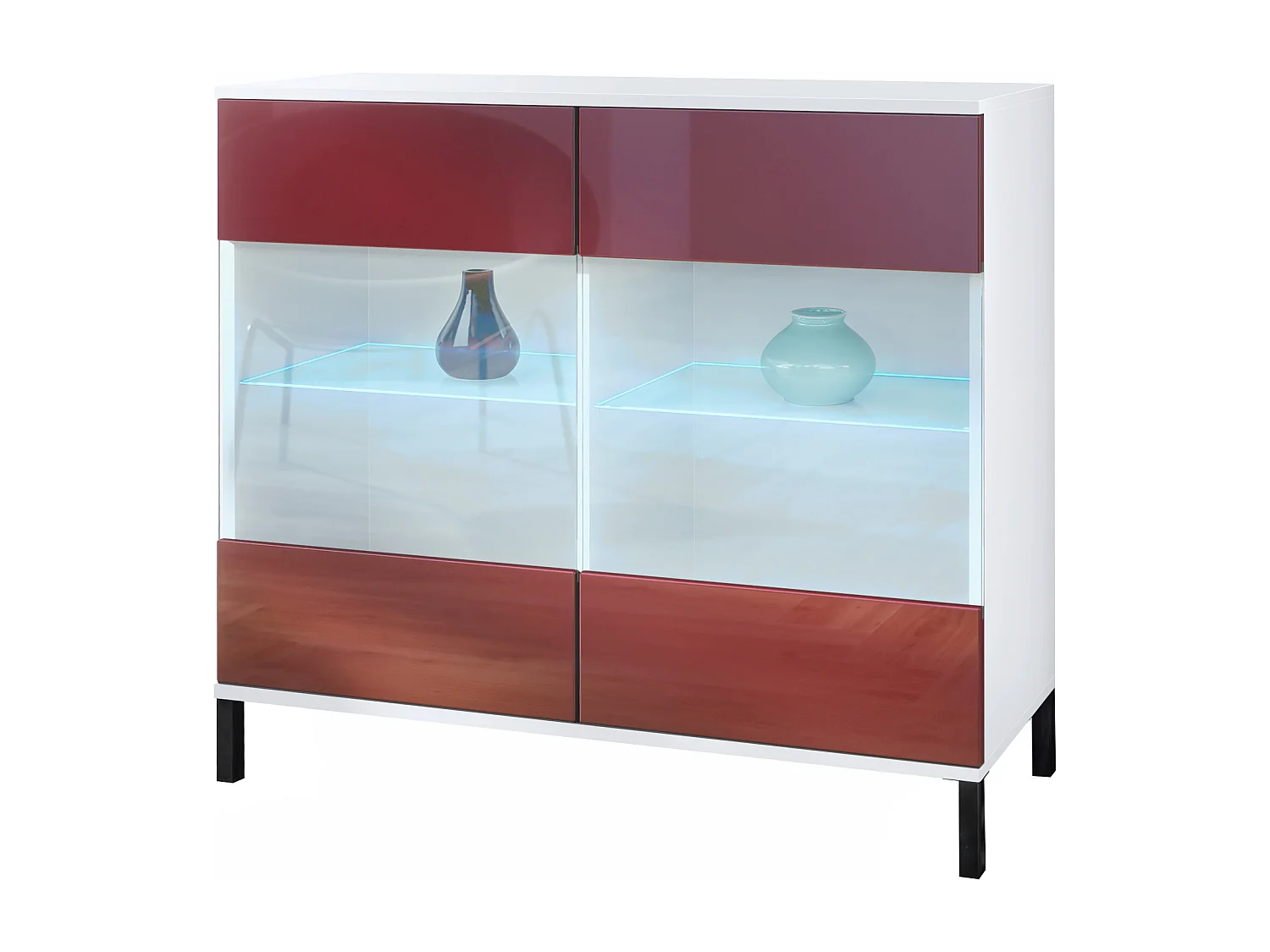 Commode Bari V3, Armoire de cuisine moderne avec 2 grandes portes vitrées incl. éclairage RGB blanc mat / bordeaux haute brillance (92,5 x 83.5 x 35)