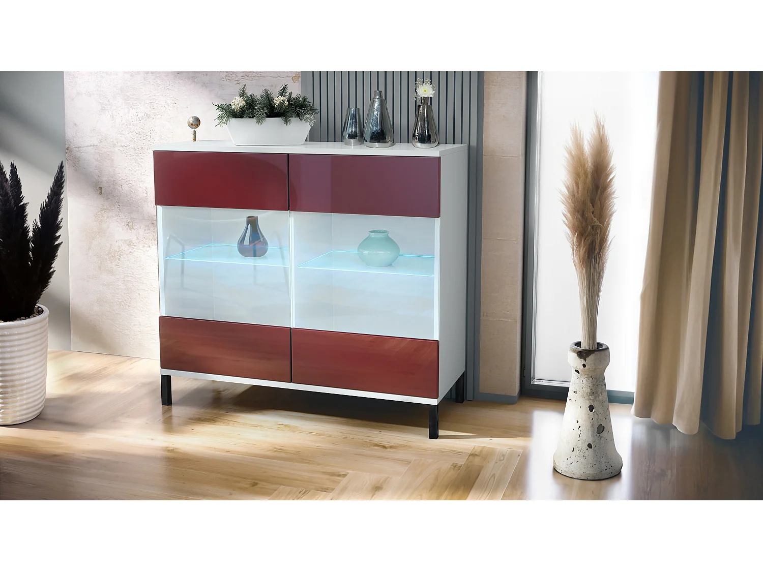 Commode Bari V3, Armoire de cuisine moderne avec 2 grandes portes vitrées incl. éclairage RGB blanc mat / bordeaux haute brillance (92,5 x 83.5 x 35)