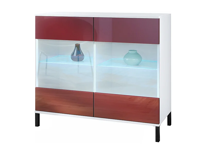 Commode Bari V3, Armoire de cuisine moderne avec 2 grandes portes vitrées incl. éclairage RGB blanc mat / bordeaux haute brillance (92,5 x 83.5 x 35)