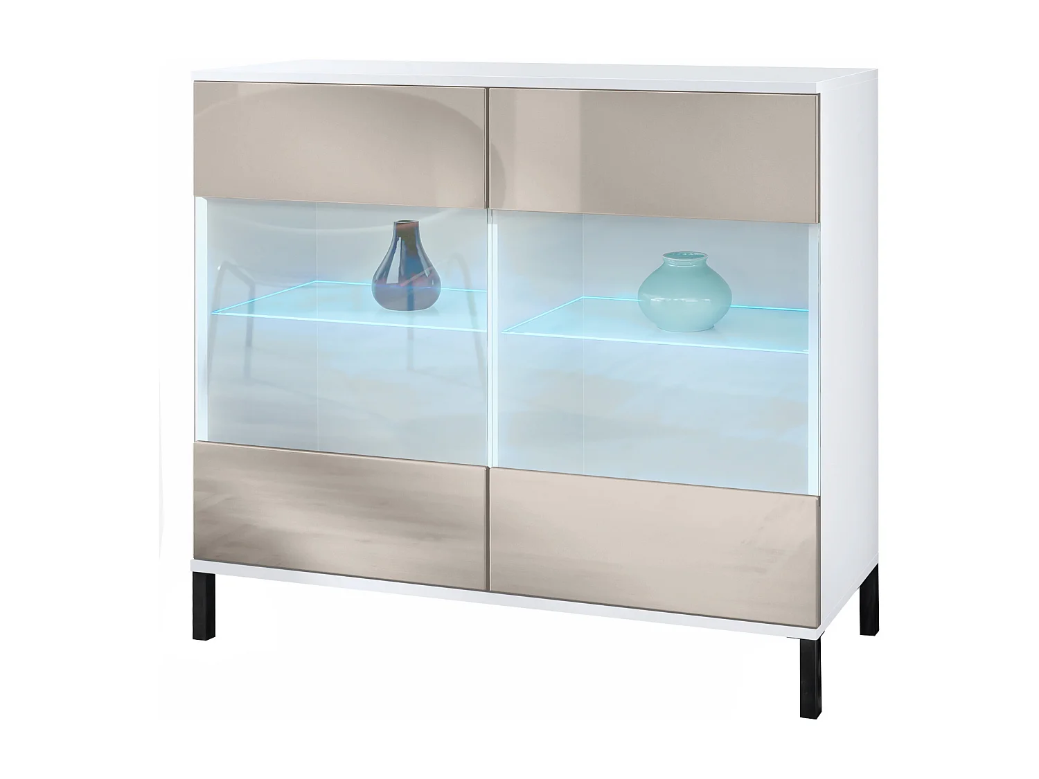 Commode Bari V3, Armoire de cuisine moderne avec 2 grandes portes vitrées incl. éclairage RGB blanc mat / gris sable haute brillance (92,5 x 83.5 x 35)