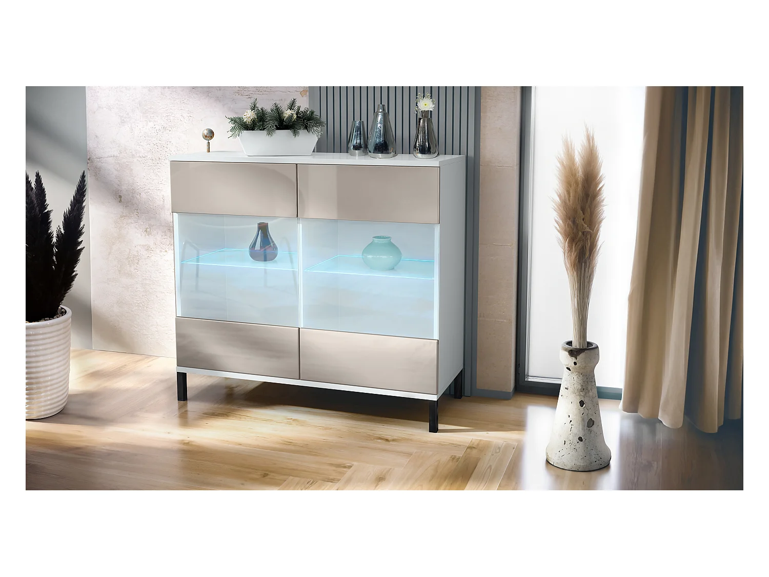 Commode Bari V3, Armoire de cuisine moderne avec 2 grandes portes vitrées incl. éclairage RGB blanc mat / gris sable haute brillance (92,5 x 83.5 x 35)