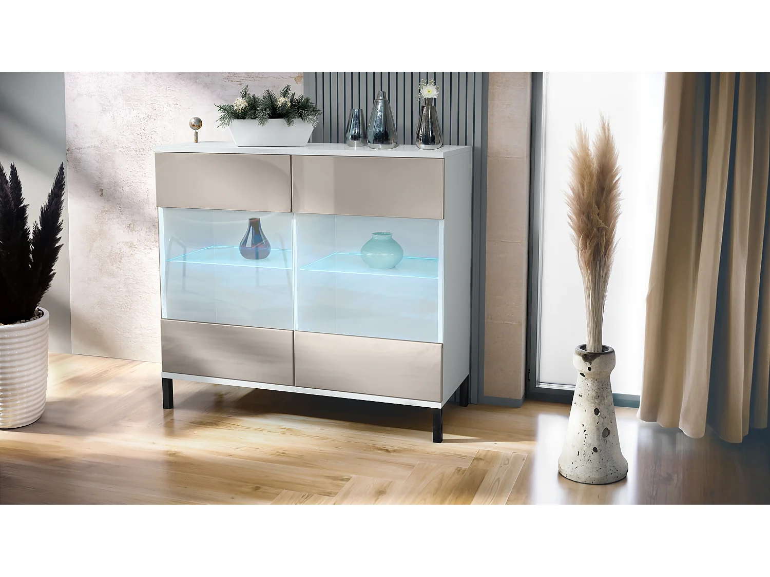 Commode Bari V3, Armoire de cuisine moderne avec 2 grandes portes vitrées incl. éclairage RGB blanc mat / gris sable haute brillance (92,5 x 83.5 x 35)