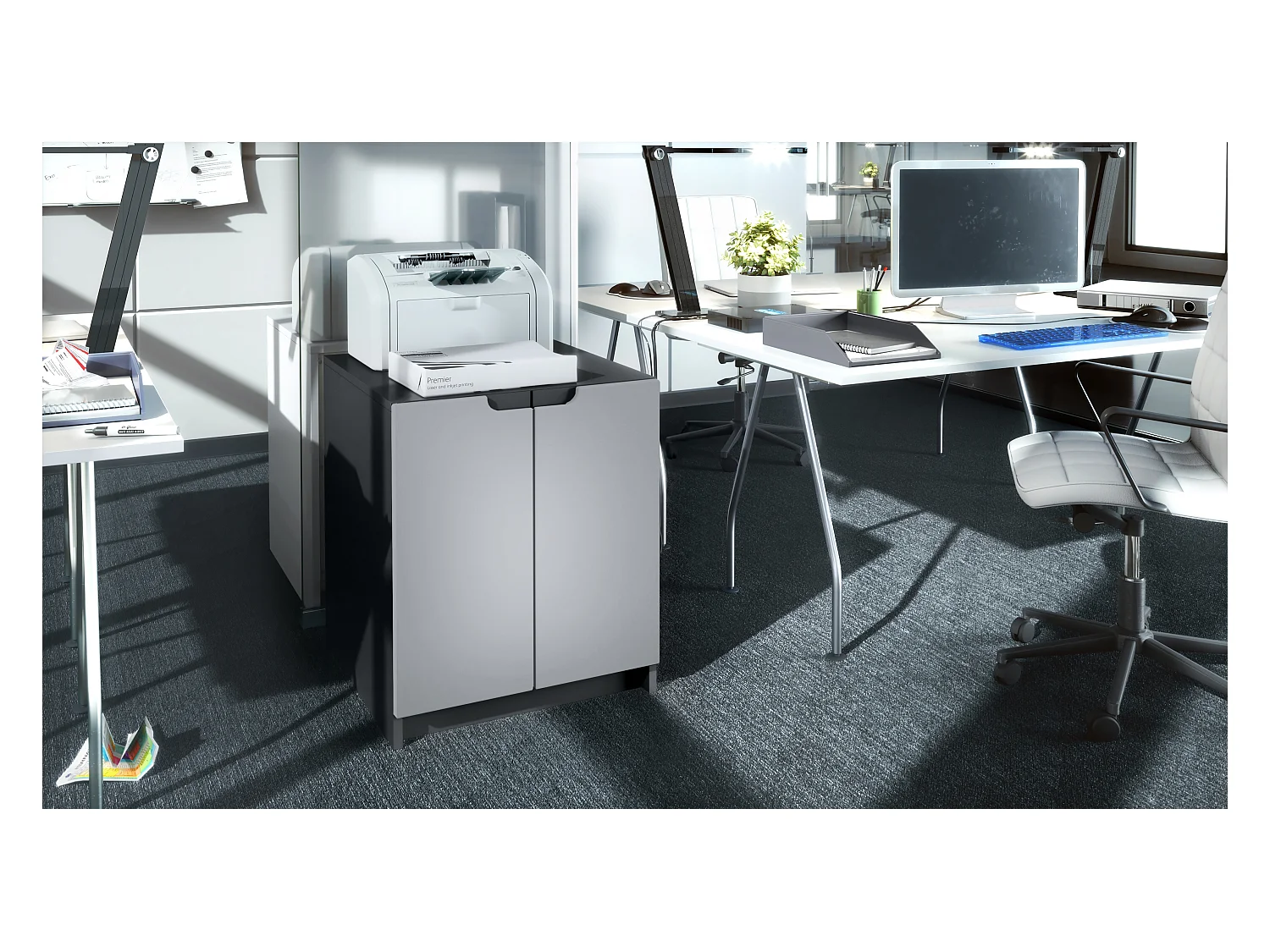 commode d'imprimante Logan, armoire à dossiers avec 2 compartiments et 2 portes, corps noir mat, façades gris clair satiné mat, (51 x 60,5 x 54 cm)