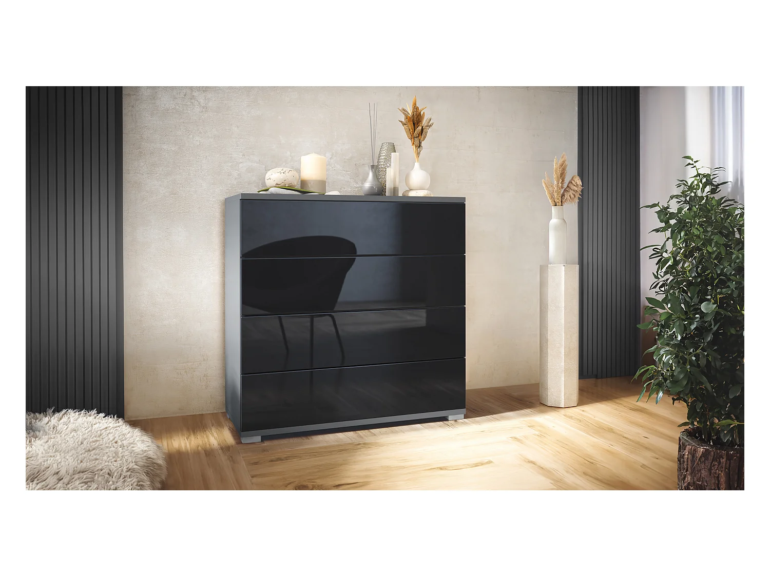 Commode  Pavos V3, Buffet avec 4 tiroirs anthracite mat/noir haute brillance (76 x 76 x 35 cm)