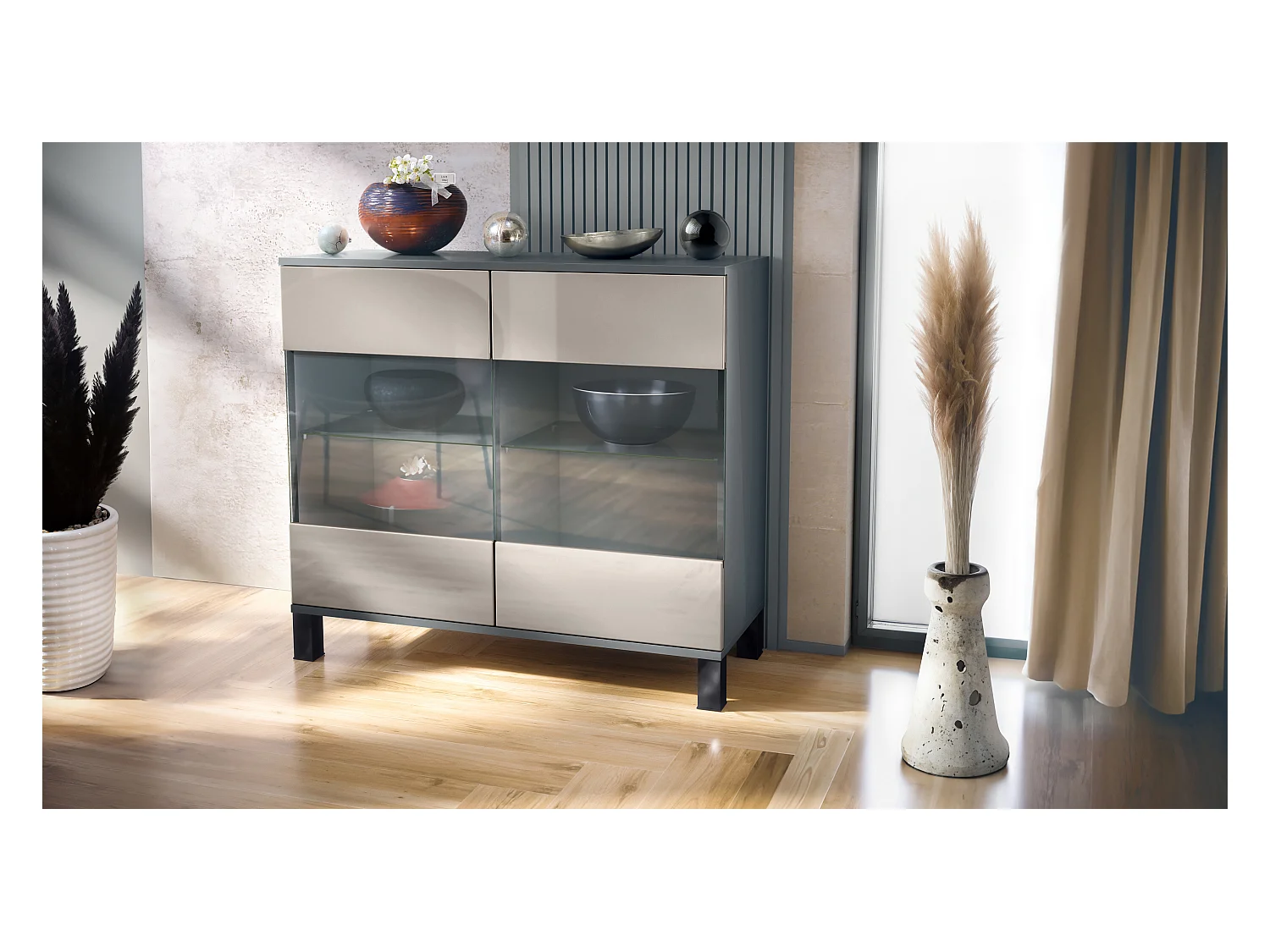 Commode Bari V3, Armoire de cuisine moderne avec 2 grandes portes vitrées anthracite mat / gris sable haute brillance (92,5 x 84.5 x 35)