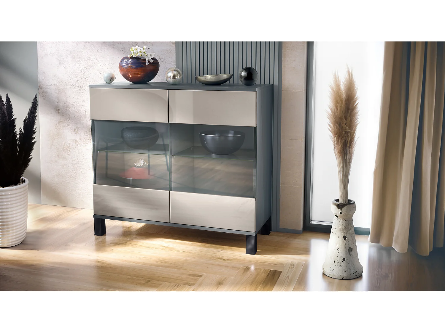 KOMMODE Bari Sandgrau Hochglanz