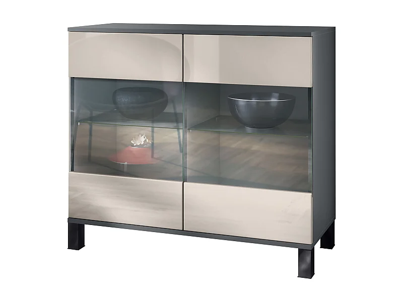 Commode Bari V3, Armoire de cuisine moderne avec 2 grandes portes vitrées anthracite mat / gris sable haute brillance (92,5 x 84.5 x 35)