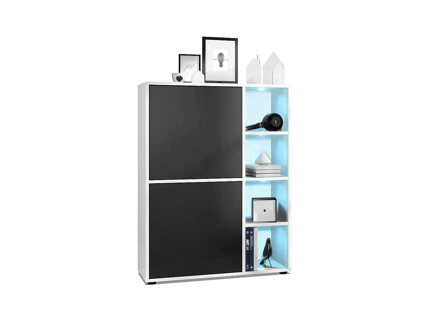 Buffet haut Cuba avec 8 compartiments, caisson en blanc mat / Façades en Noir mat avec éclairage LED RGB