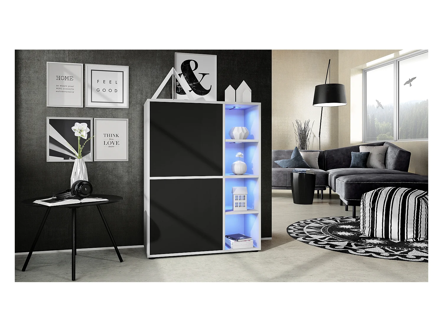 Buffet haut Cuba avec 8 compartiments, caisson en blanc mat / Façades en Noir mat avec éclairage LED RGB