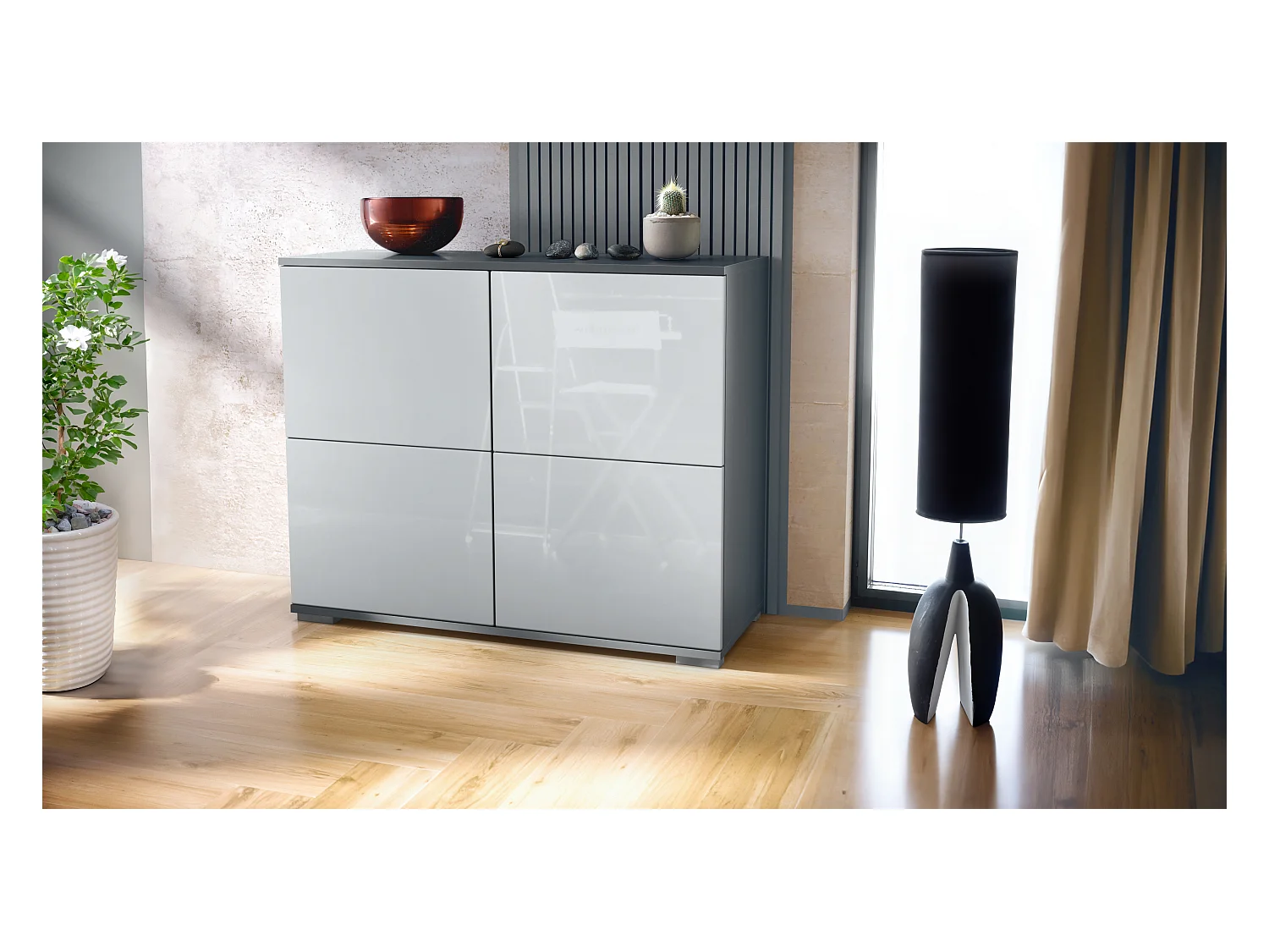 Buffet Rova V3 – Meuble de cuisine moderne avec 4 portes Push-to-Open anthracite mat / blanc haute brillance (92,5 x 75.5 x 35)