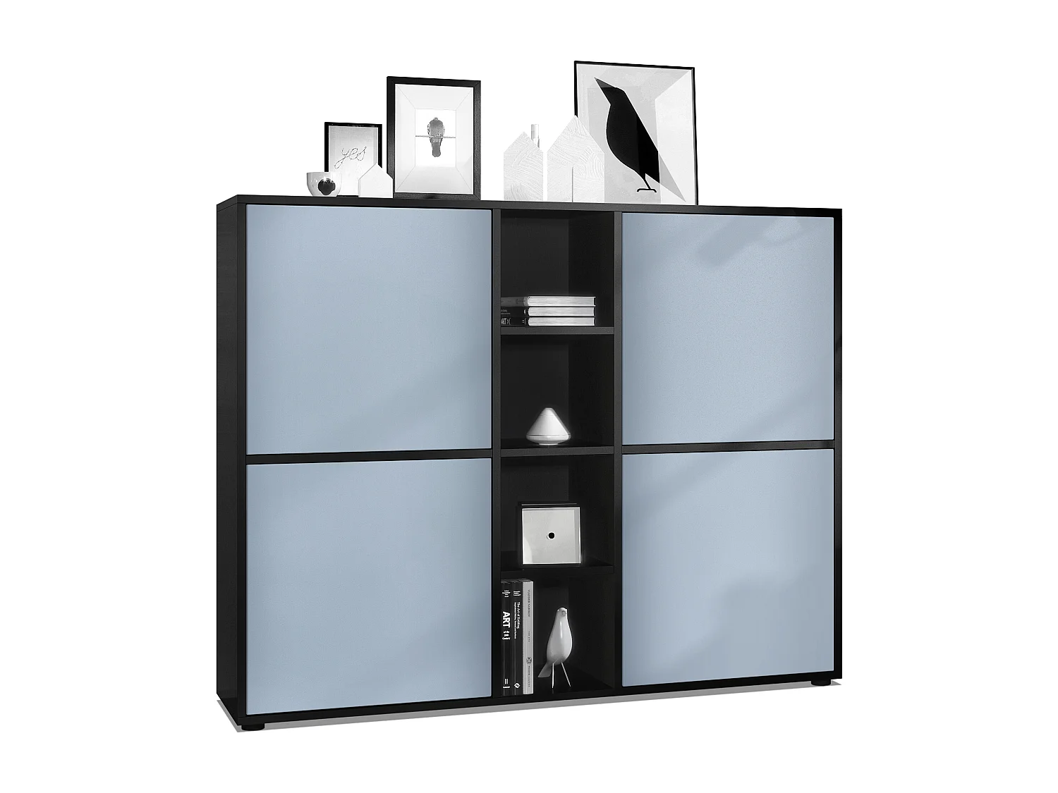 Highboard Cuba V3, noir mat/denim mat - Buffet moderne à 12 compartiments (130,5 x 105,5 x 35,5 cm)