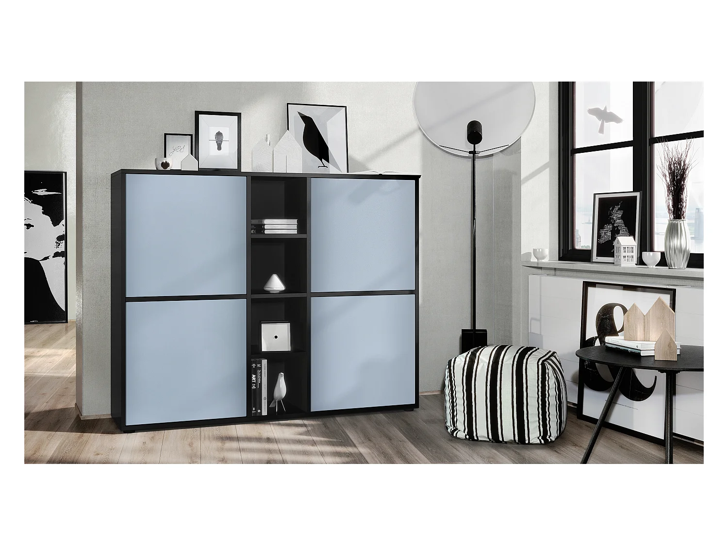 Highboard Cuba V3, noir mat/denim mat - Buffet moderne à 12 compartiments (130,5 x 105,5 x 35,5 cm)