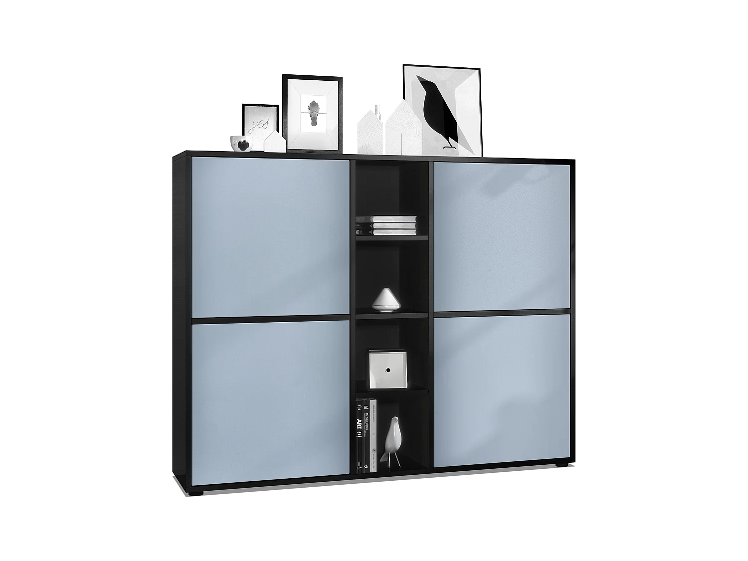 Highboard Cuba V3, noir mat/denim mat - Buffet moderne à 12 compartiments (130,5 x 105,5 x 35,5 cm)