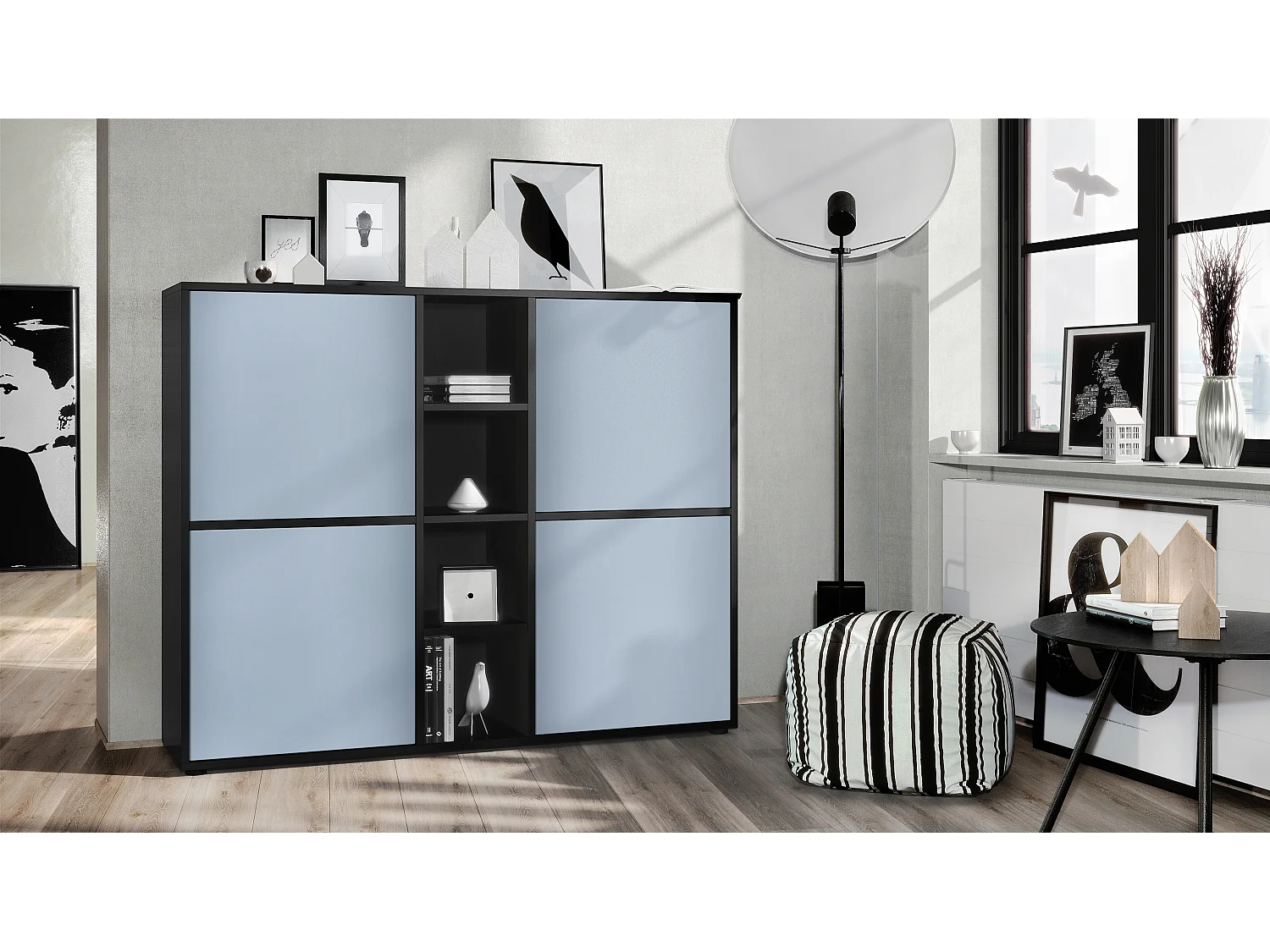 Vladon Credenza Cuba V3, nero opaco/denim opaco - Credenza moderna con 12 scomparti (130,5 x 105,5 x 35,5 cm)