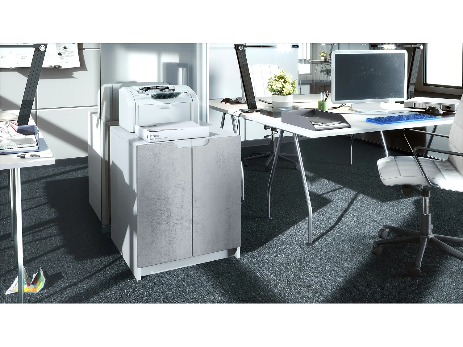 Arcón para impresora Logan, archivador con 2 compartimentos y 2 puertas, carcasa blanco mate, frentes hormigón oxidado, (51 x 60,5 x 54 cm)