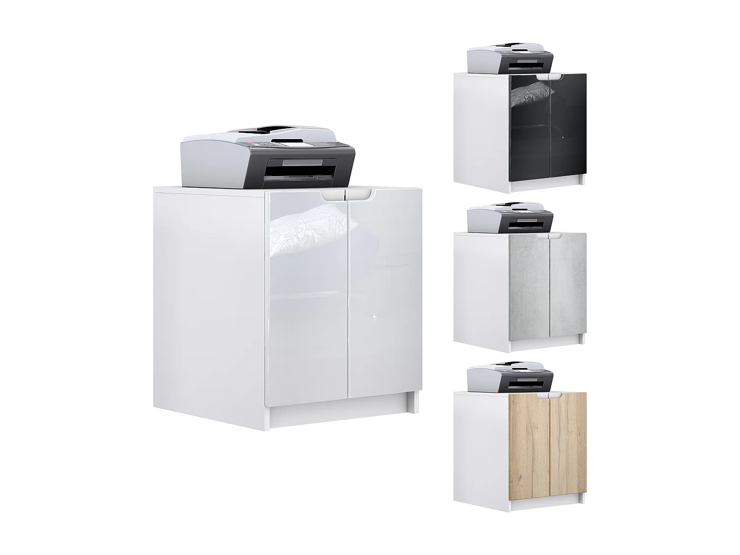 Arcón para impresora Logan, archivador con 2 compartimentos y 2 puertas, carcasa blanco mate, frentes hormigón oxidado, (51 x 60,5 x 54 cm)