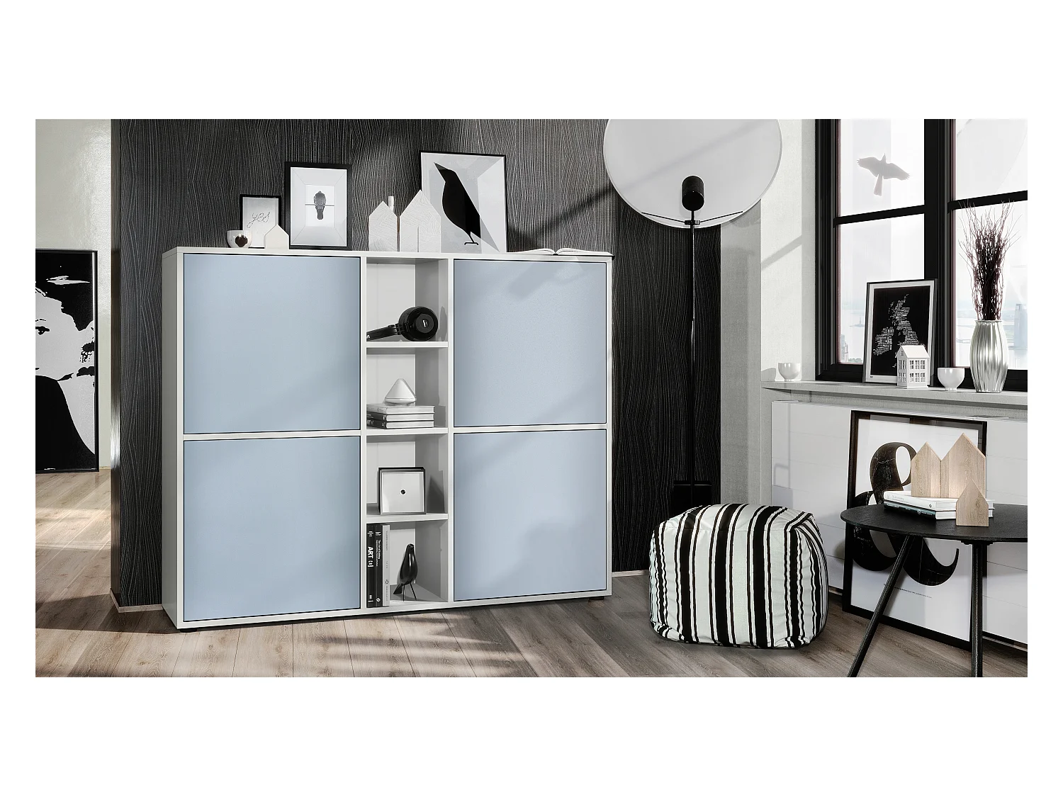 Highboard Cuba V3, blanc mat/denim mat - Buffet moderne à 12 compartiments (130,5 x 105,5 x 35,5 cm)