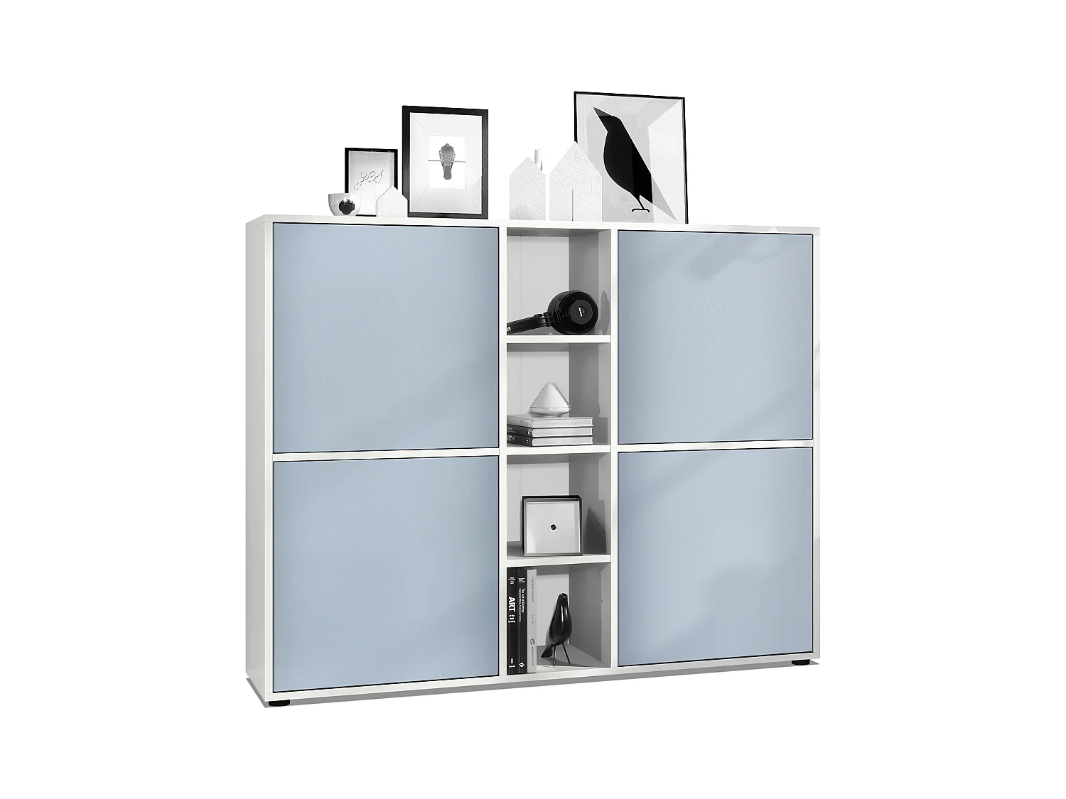 Highboard Cuba V3, blanc mat/denim mat - Buffet moderne à 12 compartiments (130,5 x 105,5 x 35,5 cm)