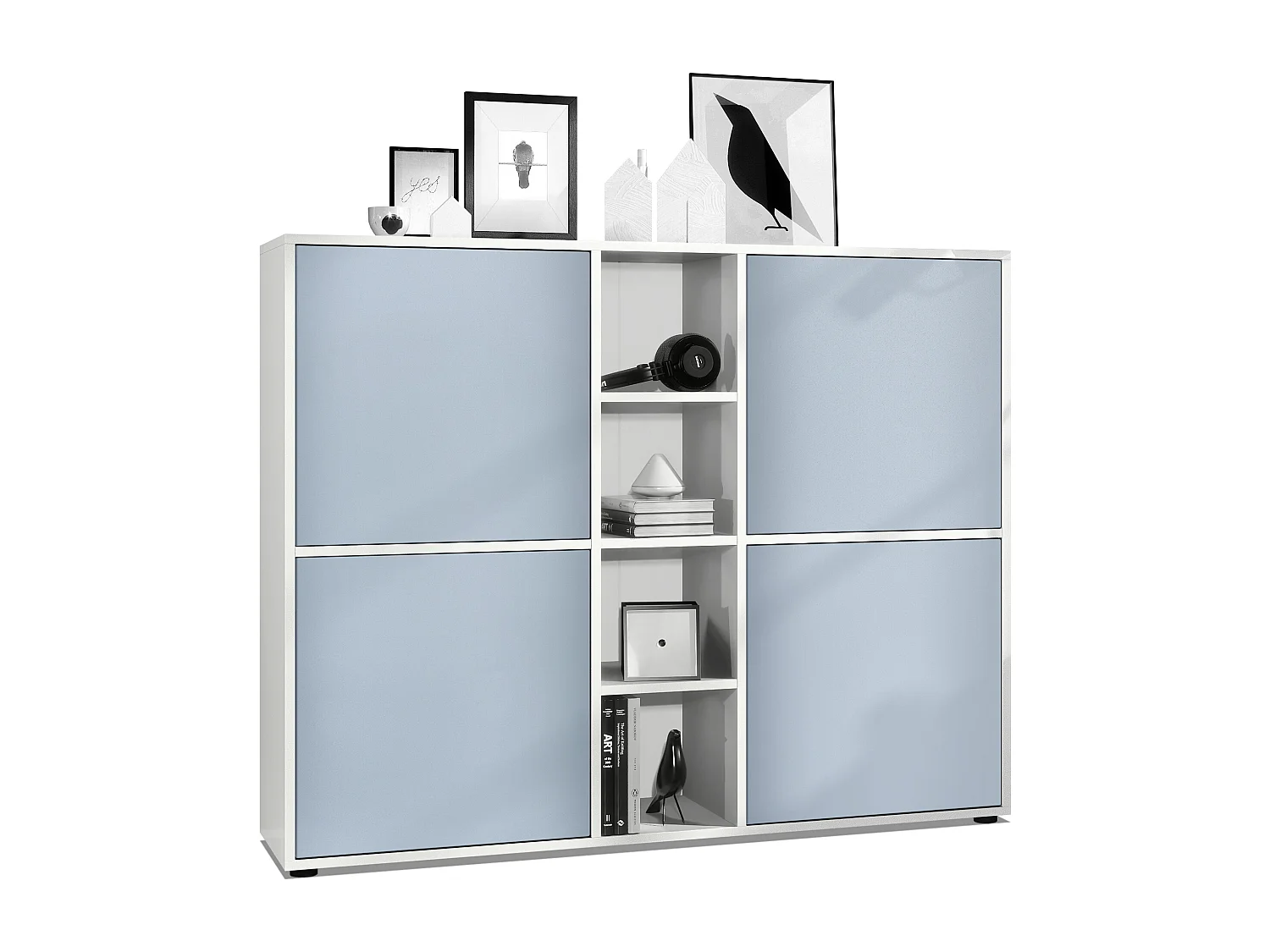 Vladon Credenza Cuba V3, bianco opaco/denim opaco - Credenza moderna con 12 scomparti (130,5 x 105,5 x 35,5 cm)