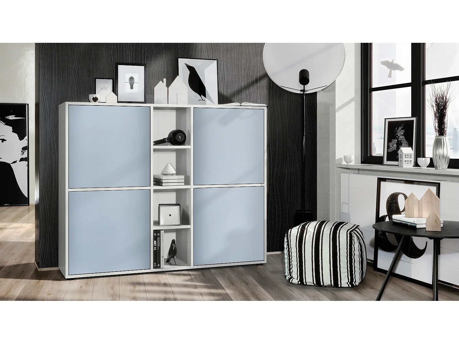 Vladon Credenza Cuba V3, bianco opaco/denim opaco - Credenza moderna con 12 scomparti (130,5 x 105,5 x 35,5 cm)