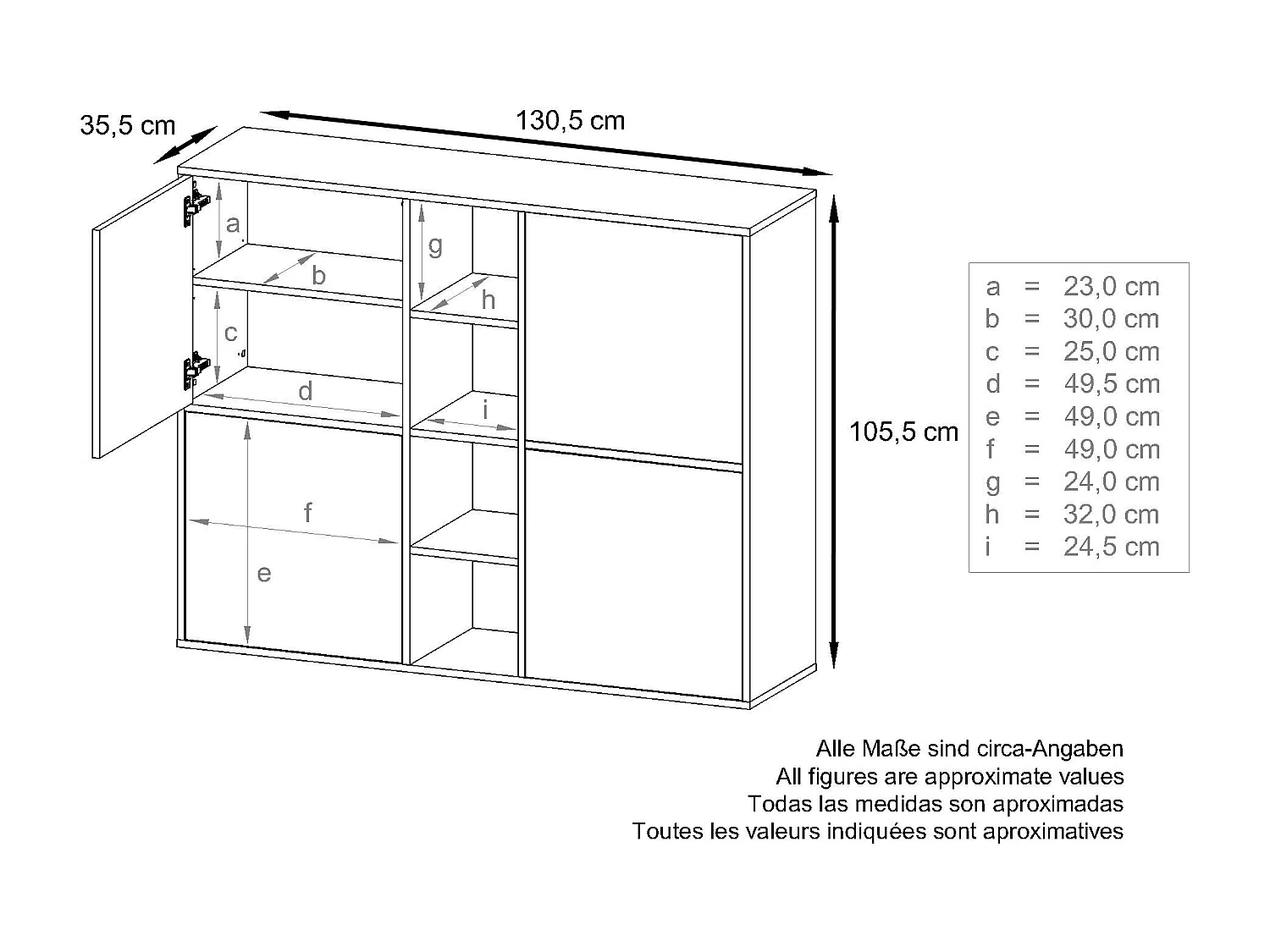 Vladon Credenza Cuba V3, bianco opaco/denim opaco - Credenza moderna con 12 scomparti (130,5 x 105,5 x 35,5 cm)