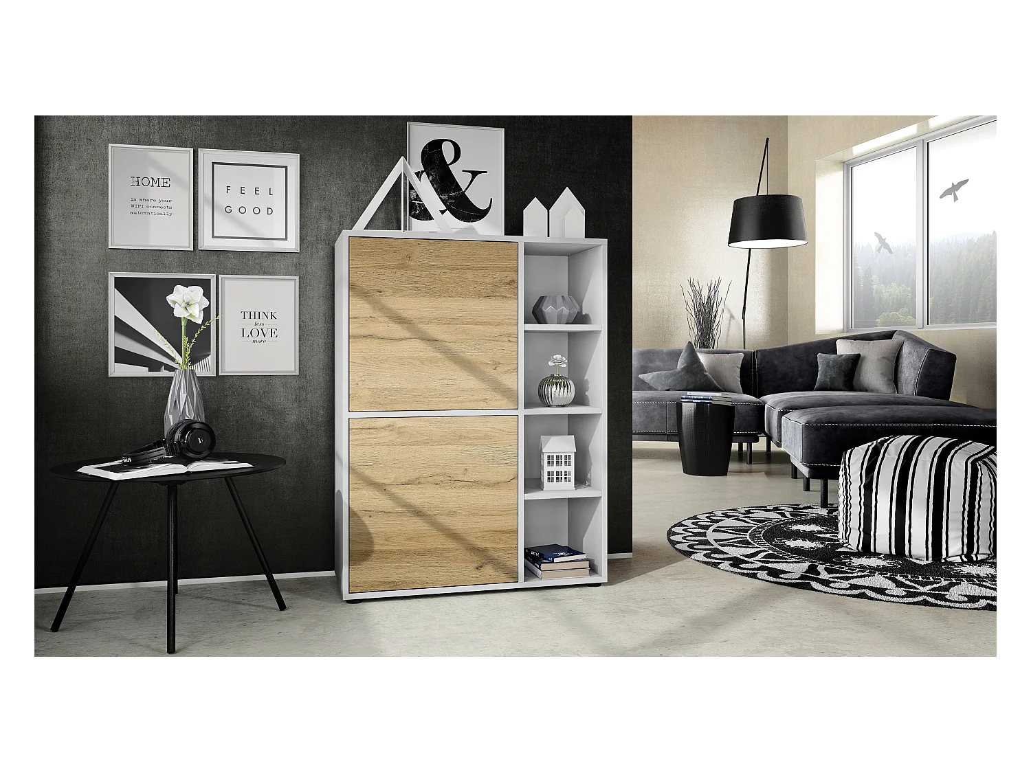 Buffet haut Cuba avec 8 compartiments, caisson en blanc mat / Façades en Chêne Nature