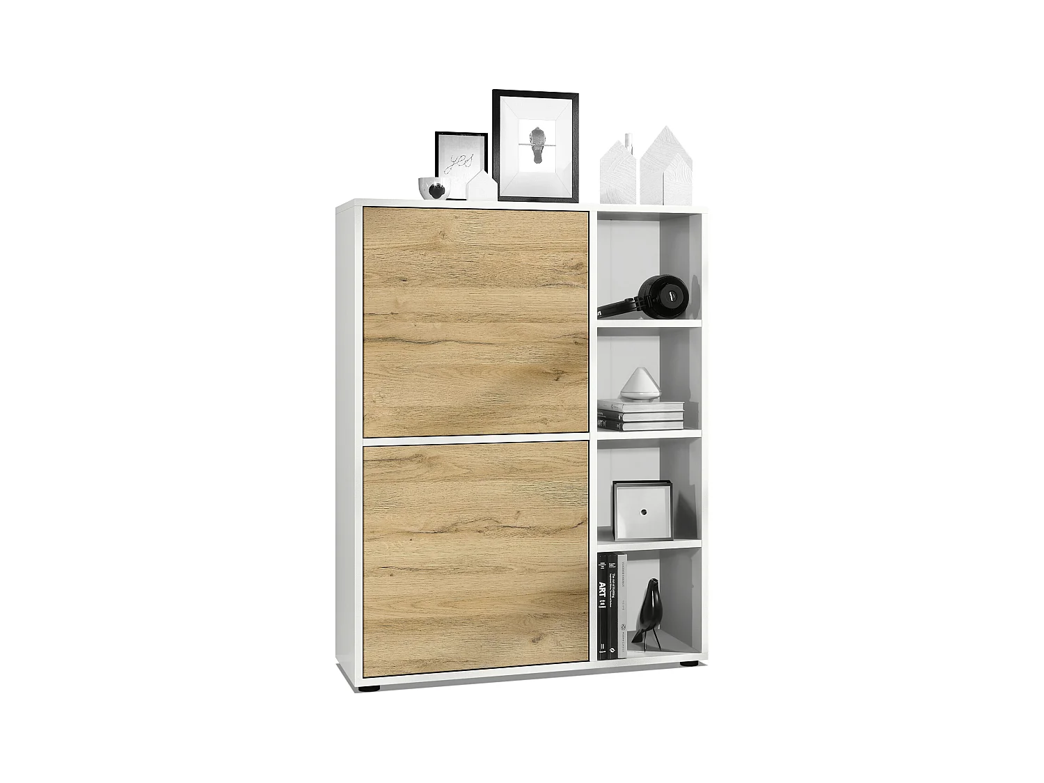 Buffet haut Cuba avec 8 compartiments, caisson en blanc mat / Façades en Chêne Nature