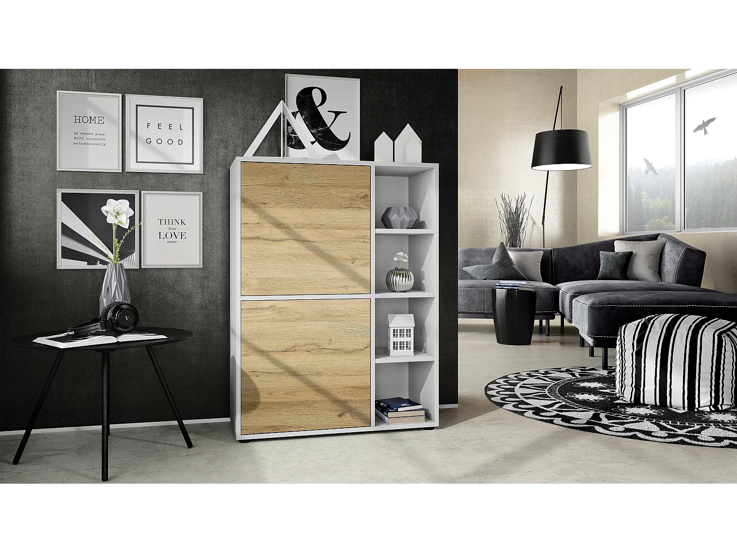 Credenza  Cuba 79 x 105,5 x 35,5 cm Credenza con 8 ripiani, Struttura in bianco opaco / Ante in rovere naturale