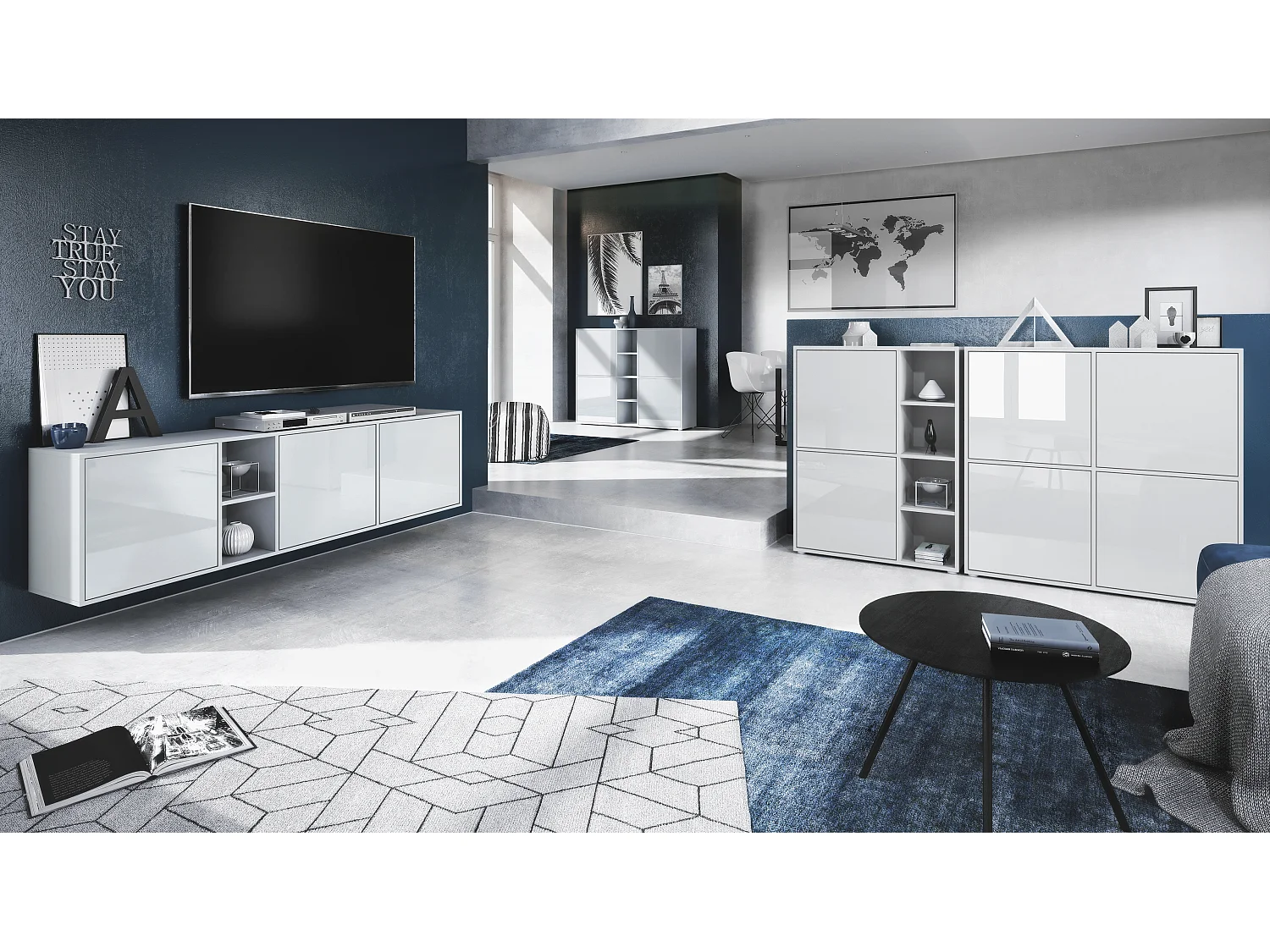 Credenza  Cuba 79 x 105,5 x 35,5 cm Credenza con 8 ripiani, Struttura in bianco opaco / Ante in rovere naturale