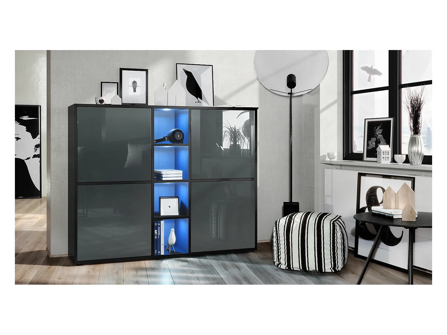 Highboard Cuba V3, noir mat/gris haute brillance y compris LED - Buffet moderne à 12 compartiments (130,5 x 105,5 x 35,5 cm)