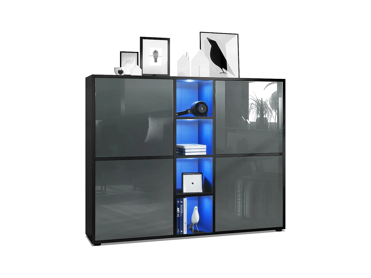 Highboard Cuba V3, noir mat/gris haute brillance y compris LED - Buffet moderne à 12 compartiments (130,5 x 105,5 x 35,5 cm)