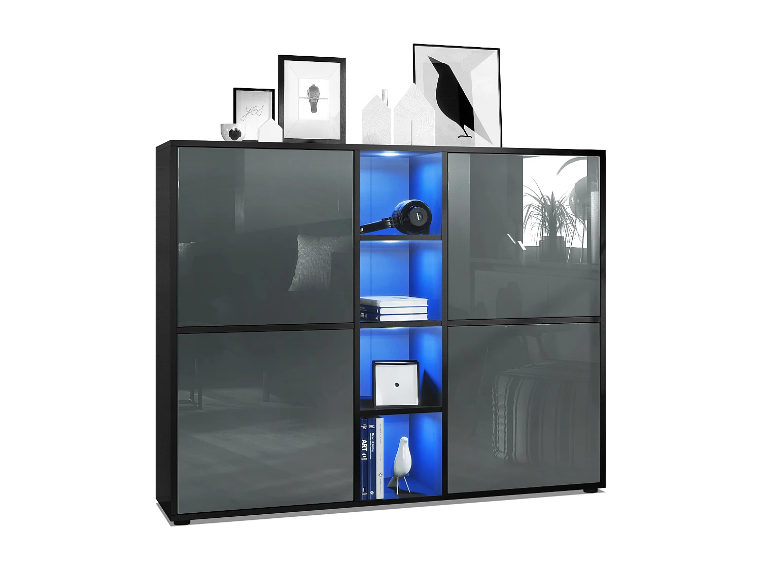 Highboard Cuba V3, noir mat/gris haute brillance y compris LED - Buffet moderne à 12 compartiments (130,5 x 105,5 x 35,5 cm)