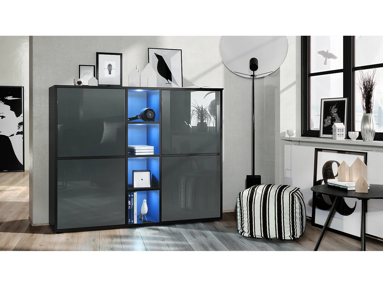 Highboard Cuba V3, noir mat/gris haute brillance y compris LED - Buffet moderne à 12 compartiments (130,5 x 105,5 x 35,5 cm)