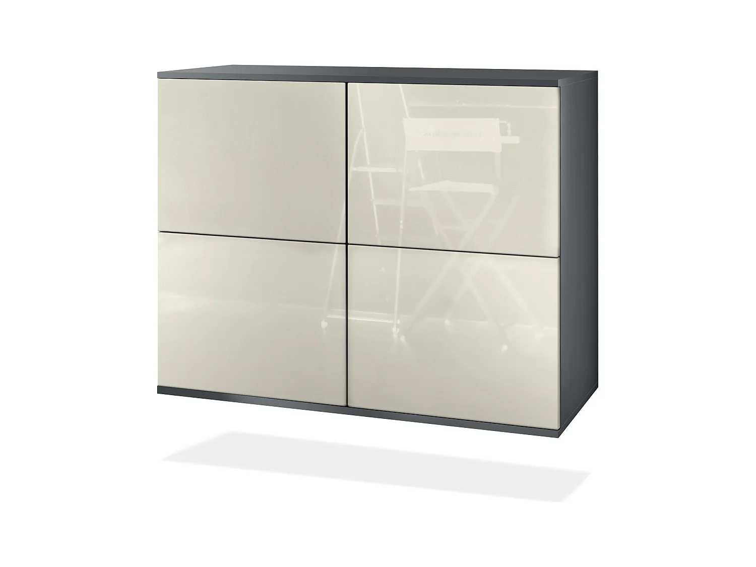 Buffet Rova V3 – Meuble de cuisine moderne avec 4 portes Push-to-Open anthracite mat / crème haute brillance (92,5 x 73.5 x 35)