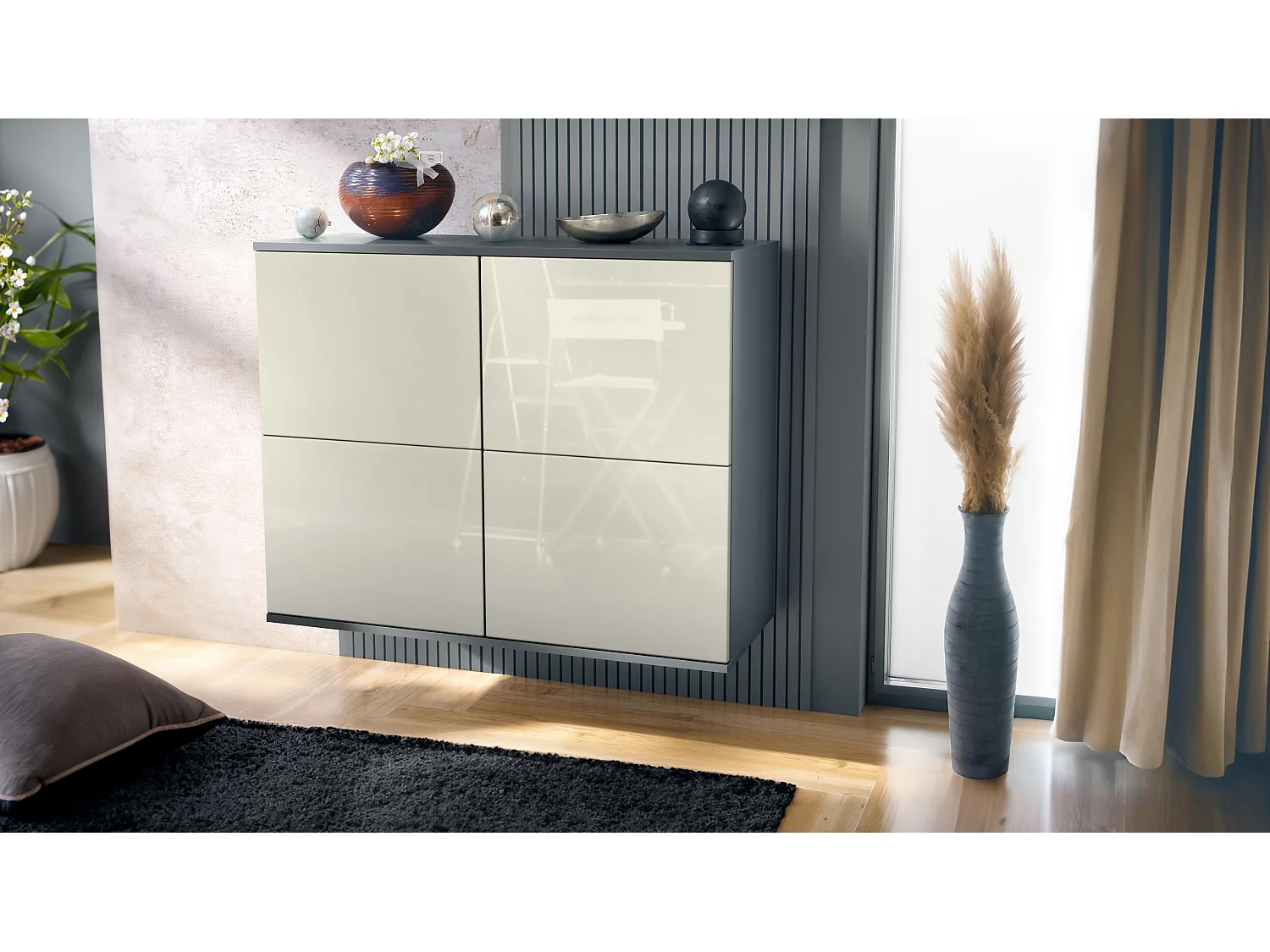 Credenza Rova V3 – Mobile da cucina moderno con 4 ante Push-to-Open antracite opaco  / beige lucido (92,5 x 73.5 x 35)