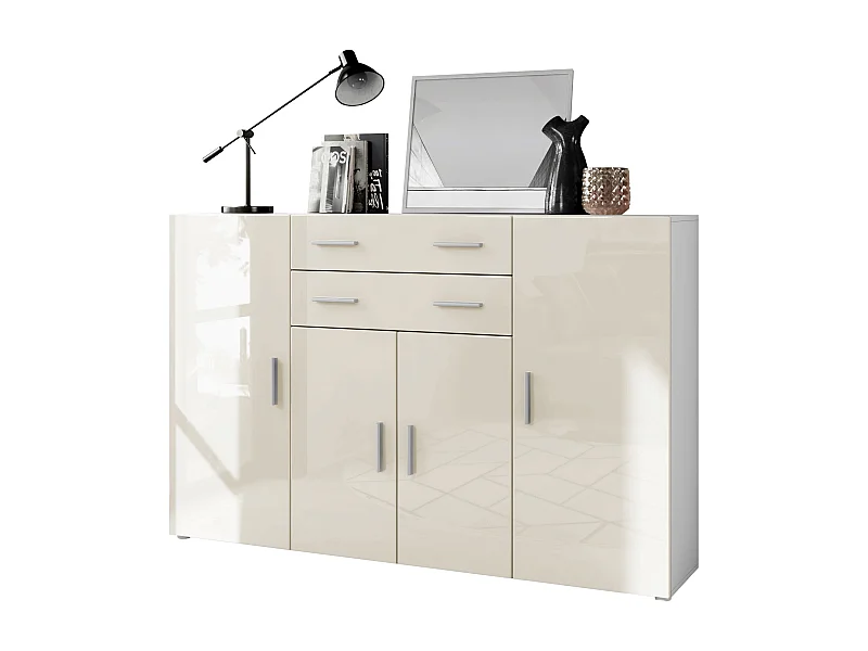 Highboard Aron Sideboard with 2 drawers and 4 doors with a total of 8 compartments behind, bianco opaco/beige lucido (166.5 x 106.5 x 35 cm)