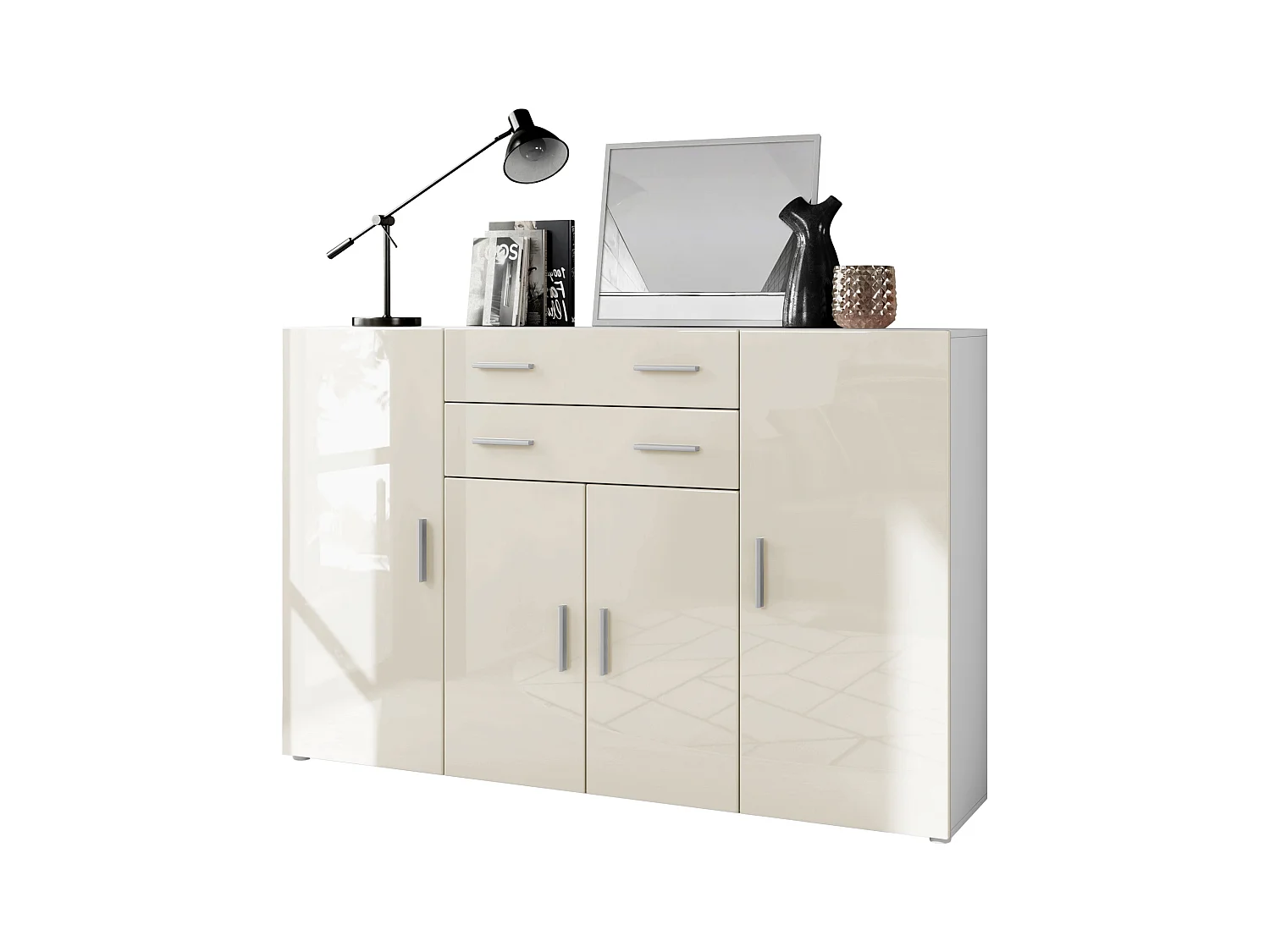 Le Buffet Haut Aron bahut avec 2 tiroirs et 4 portes avec un total de 8 compartiments derrière, blanc mat/crème haute brillance (166,5 x 106,5 x 35 cm)