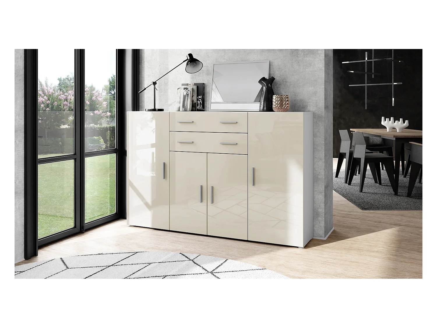 Le Buffet Haut Aron bahut avec 2 tiroirs et 4 portes avec un total de 8 compartiments derrière, blanc mat/crème haute brillance (166,5 x 106,5 x 35 cm)