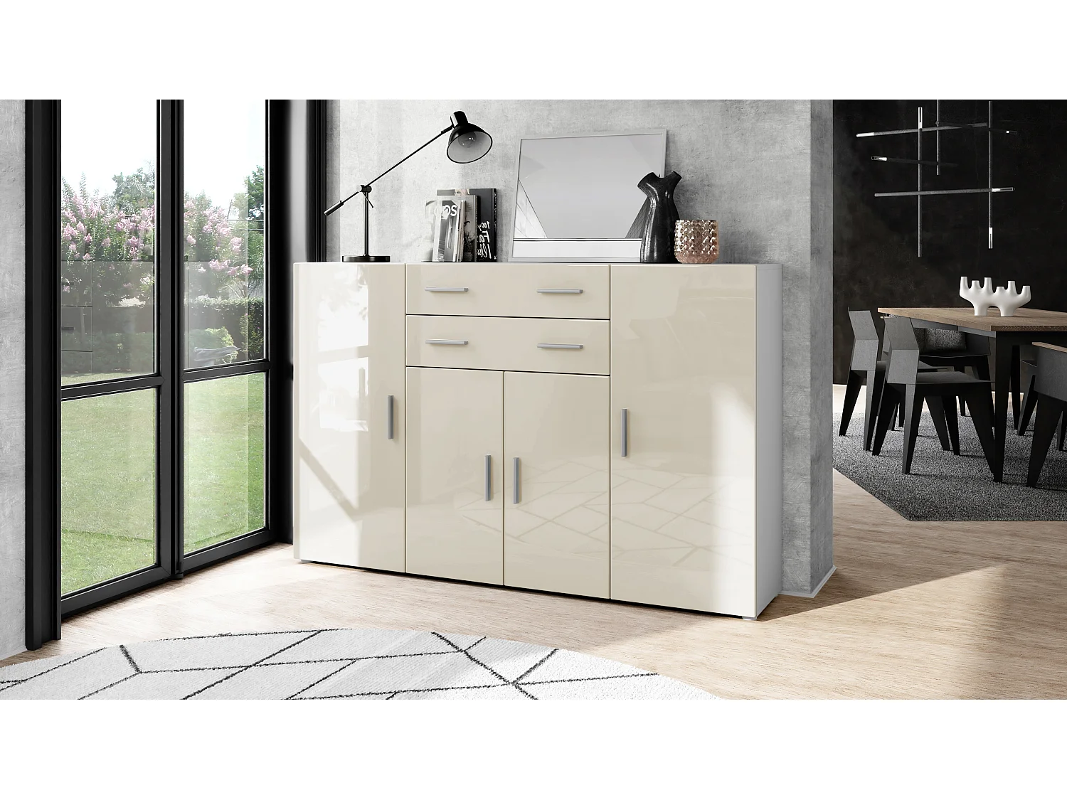 Highboard Aron Sideboard with 2 drawers and 4 doors with a total of 8 compartments behind, bianco opaco/beige lucido (166.5 x 106.5 x 35 cm)
