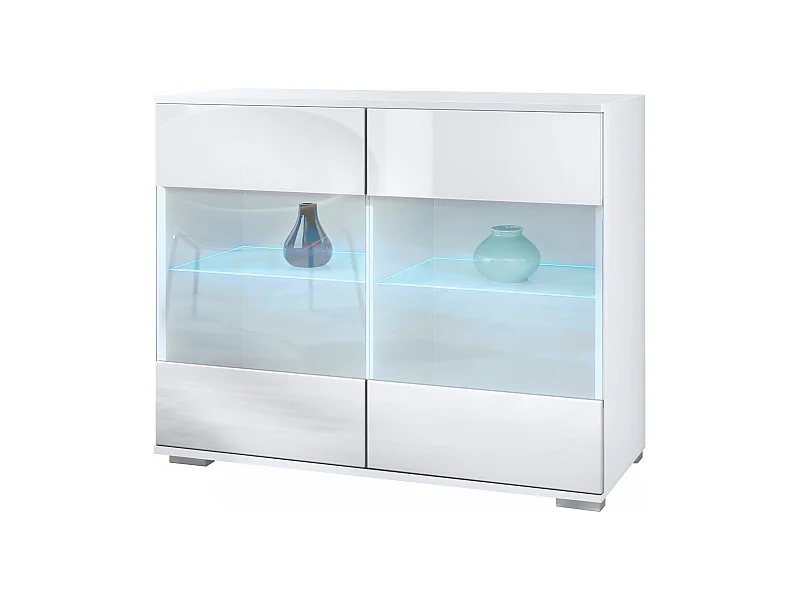 Commode Bari V3, Armoire de cuisine moderne avec 2 grandes portes vitrées incl. éclairage RGB blanc mat / blanc haute brillance (92,5 x 75.5 x 35)