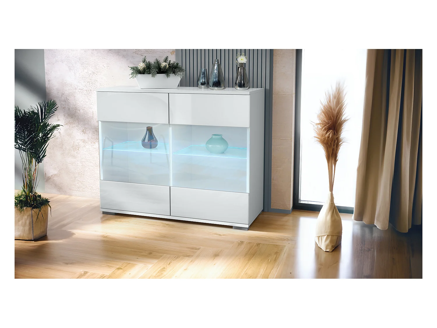 Commode Bari V3, Armoire de cuisine moderne avec 2 grandes portes vitrées incl. éclairage RGB blanc mat / blanc haute brillance (92,5 x 75.5 x 35)