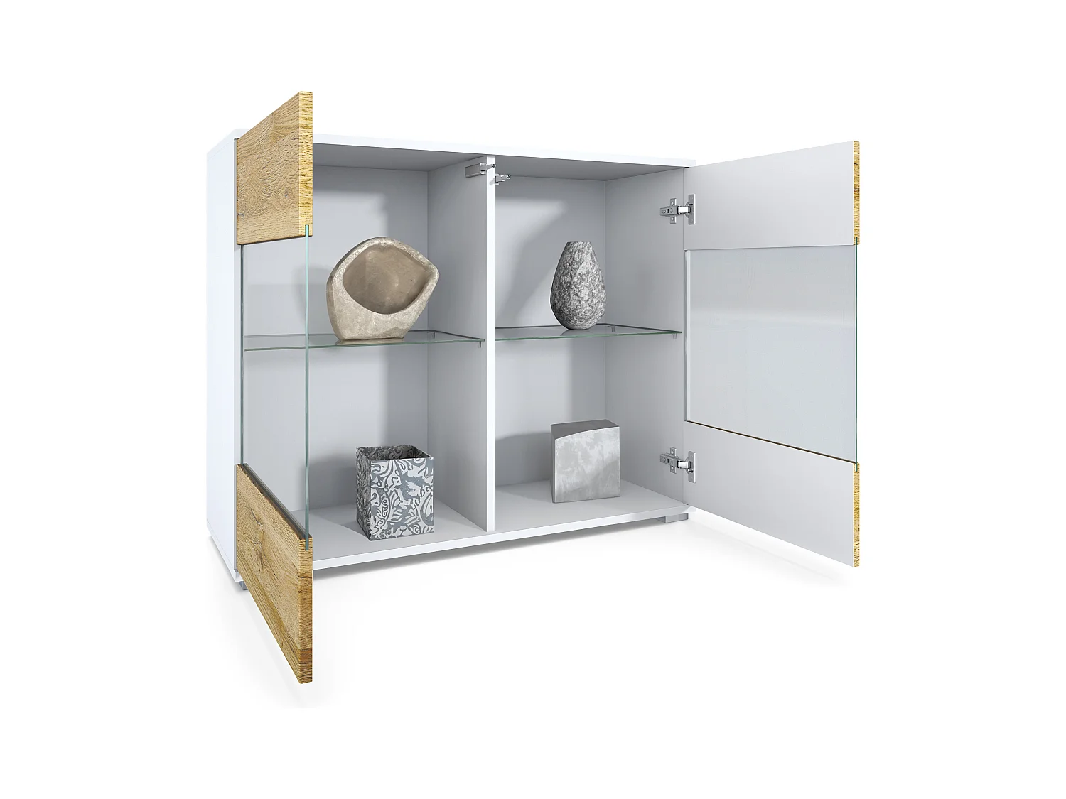 Commode Bari V3, Armoire de cuisine moderne avec 2 grandes portes vitrées incl. éclairage RGB blanc mat / blanc haute brillance (92,5 x 75.5 x 35)