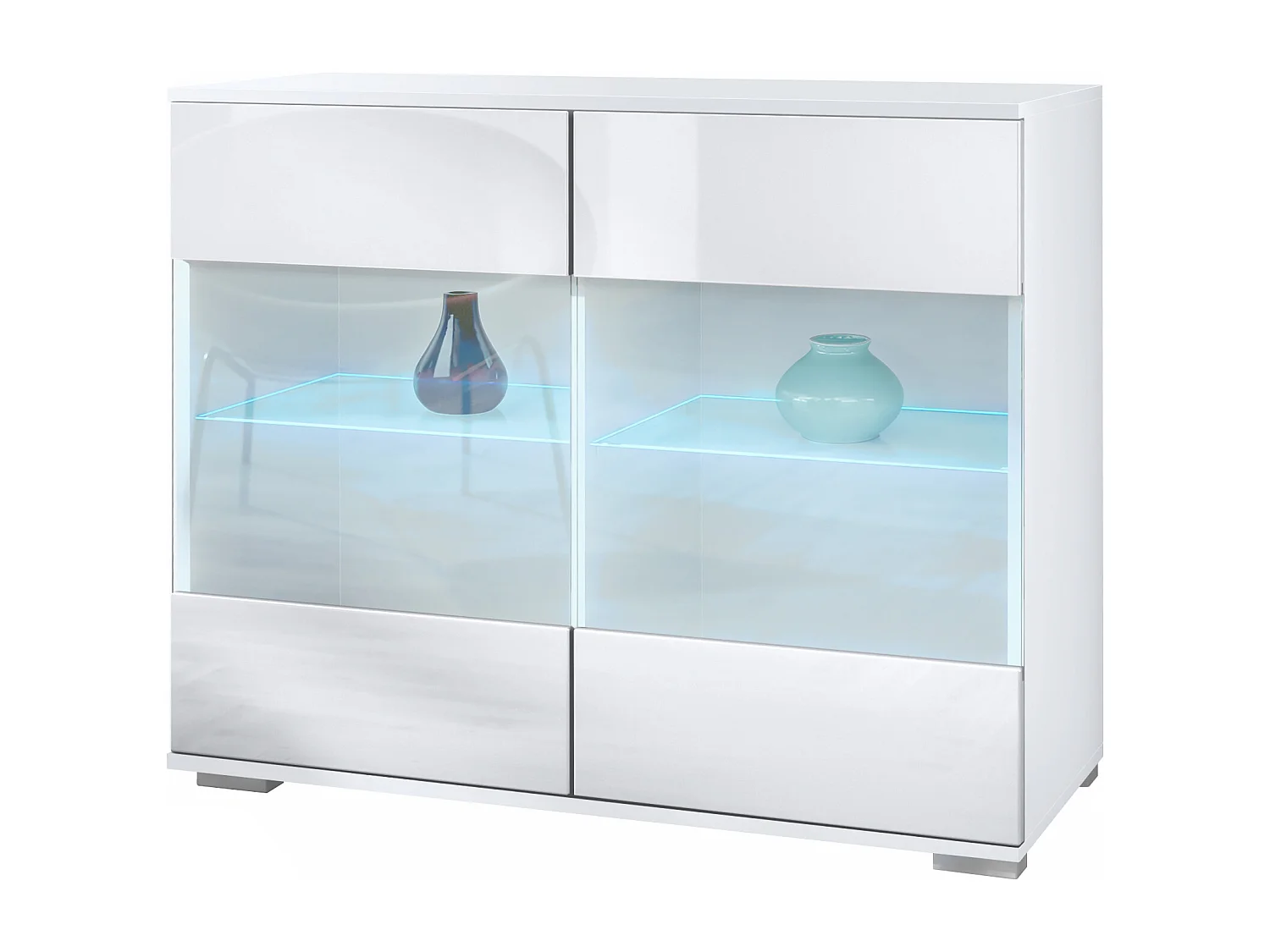 Cómoda Bari V3, Moderno armario de cocina con 2 grandes puertas de cristal incl. iluminación RGB blanco mate / blanco de alto brillo (92,5 x 75.5 x 35)