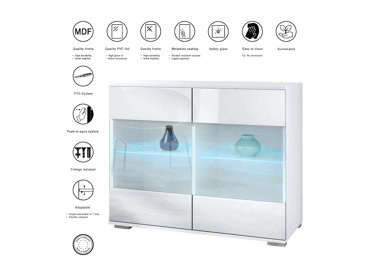 Cómoda Bari V3, Moderno armario de cocina con 2 grandes puertas de cristal incl. iluminación RGB blanco mate / blanco de alto brillo (92,5 x 75.5 x 35)