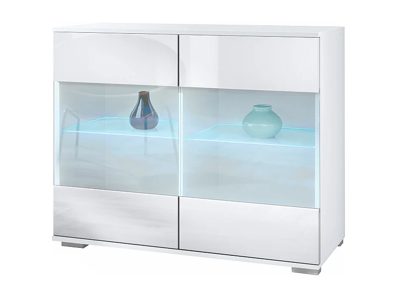 Commode Bari V3, Armoire de cuisine moderne avec 2 grandes portes vitrées incl. éclairage RGB blanc mat / blanc haute brillance (92,5 x 75.5 x 35)
