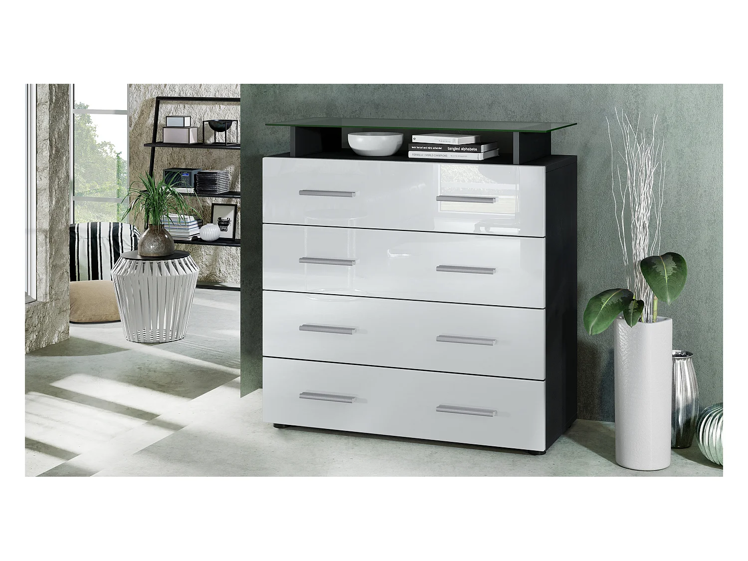 Buffet Pavos V2, Commode avec 4 tiroirs et mini-étagère en verre, noir mat/blanc haute brillance (76 x 81 x 35 cm)