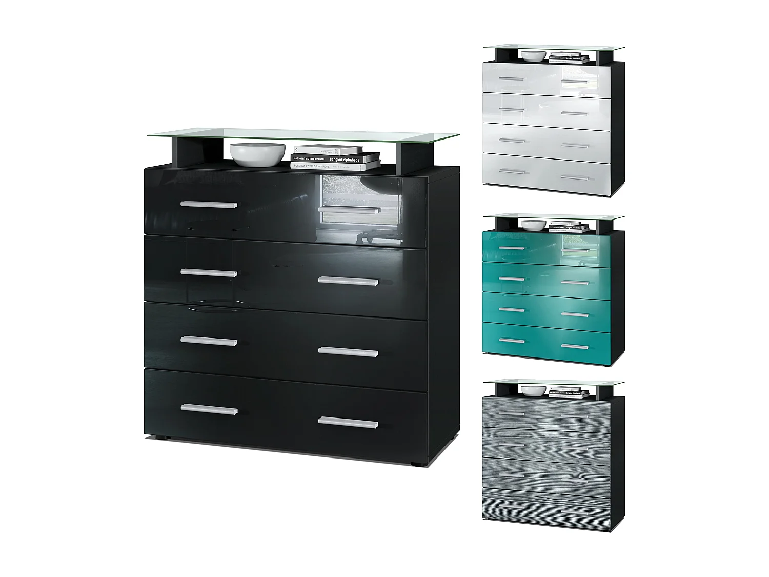 Buffet Pavos V2, Commode avec 4 tiroirs et mini-étagère en verre, noir mat/blanc haute brillance (76 x 81 x 35 cm)