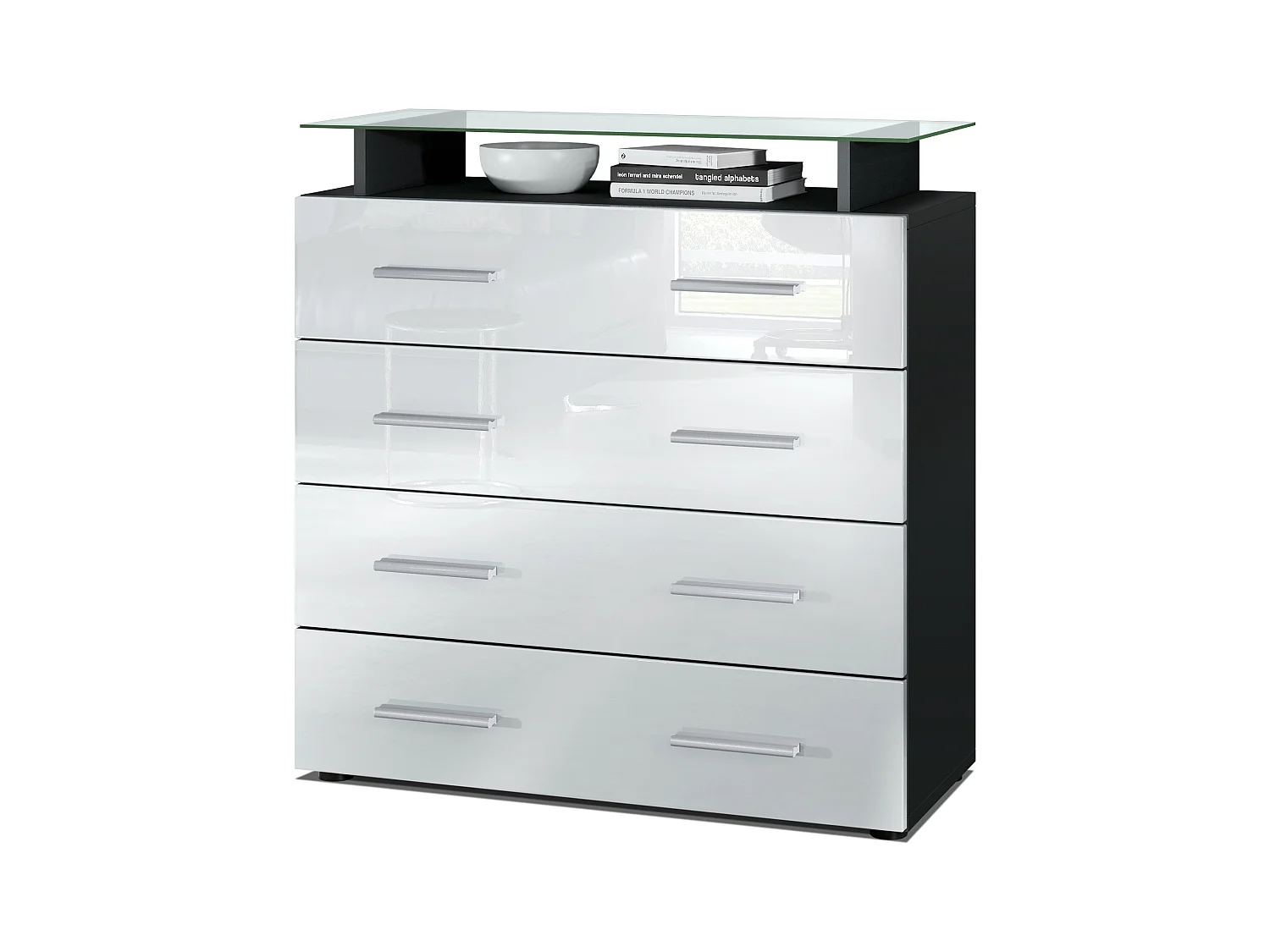 Buffet Pavos V2, Commode avec 4 tiroirs et mini-étagère en verre, noir mat/blanc haute brillance (76 x 81 x 35 cm)
