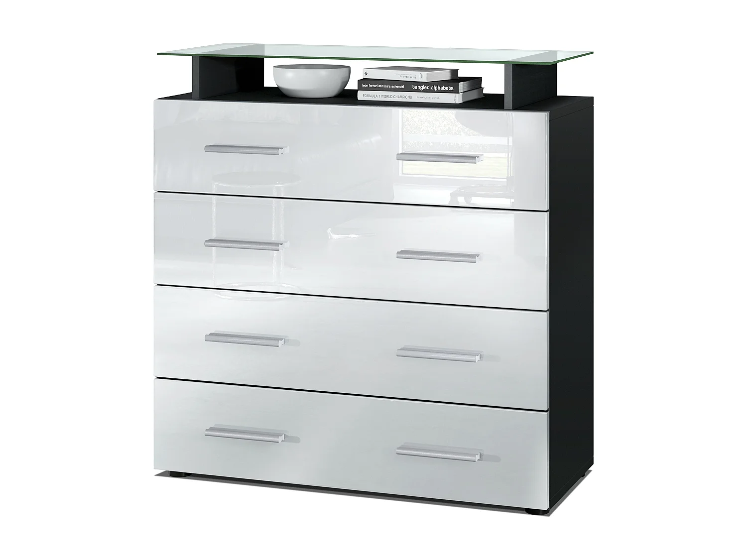 Vladon Madia Pavos V2, Mobile con 4 cassetti e ripiano in vetro, nero opaco/bianco lucido (76 x 81 x 35 cm)